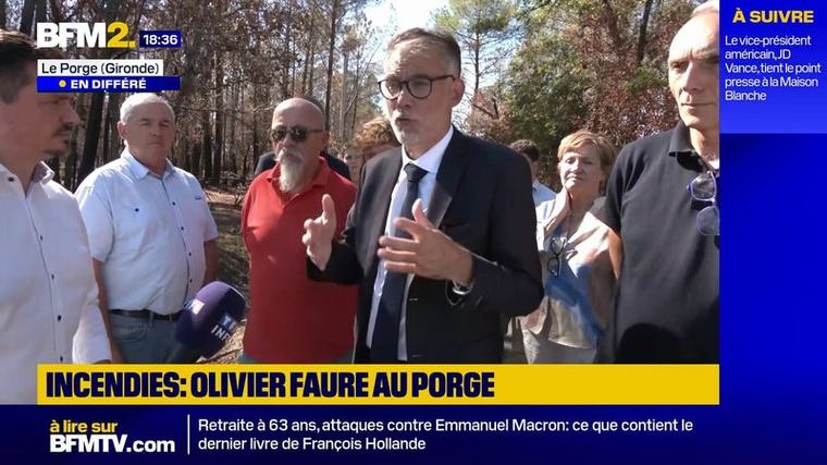 Incendies: "Il faut mettre des fonds à disposition des territoires parce qu'il va falloir réinventer notre façon d'habiter la France", estime Olivier Faure, Premier secrétaire du PS et candidat à la primaire socialiste, depuis Le Porge en Gironde