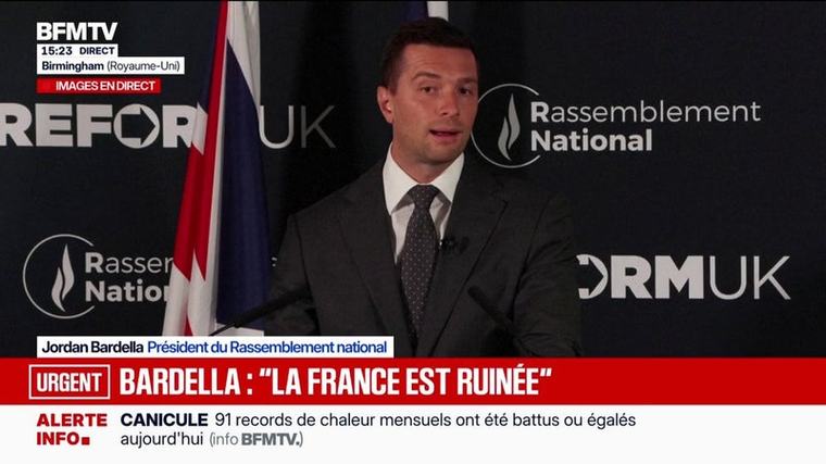 "La France est ruinée sur le plan financier", assure Jordan Bardella au congrès de Reform-UK, dirigé par Nigel Farage
