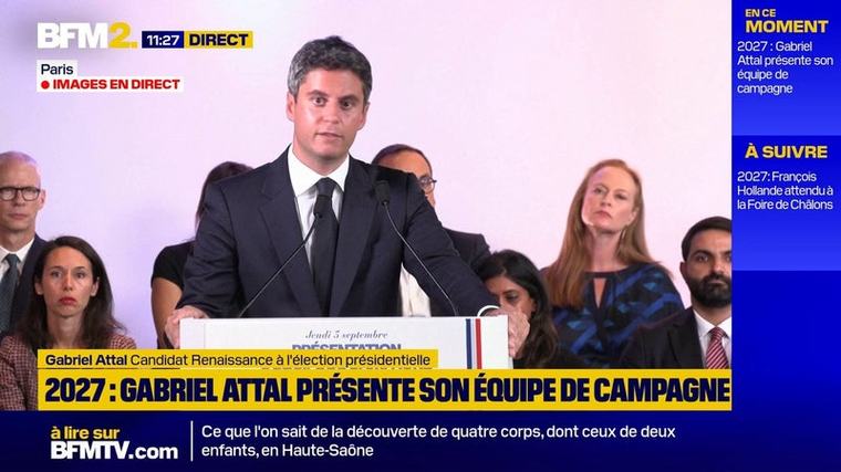 "Je n'ai pas le même projet que celui d'Edouard Phiippe, sinon je serais au premier plan de son meeting" assure Gabriel Attal, candidat à la présidentielle 2027
