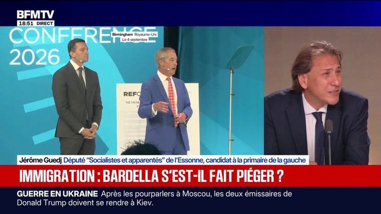 Jordan Bardella au côté de Nigel Farage à Birmingham: "On a là l'illustration dans le début d'une campagne présidentielle de Marine Le Pen qui chaque jour désavoue le chef de son parti", analyse Jérôme Guedj, candidat à la primaire de la gauche